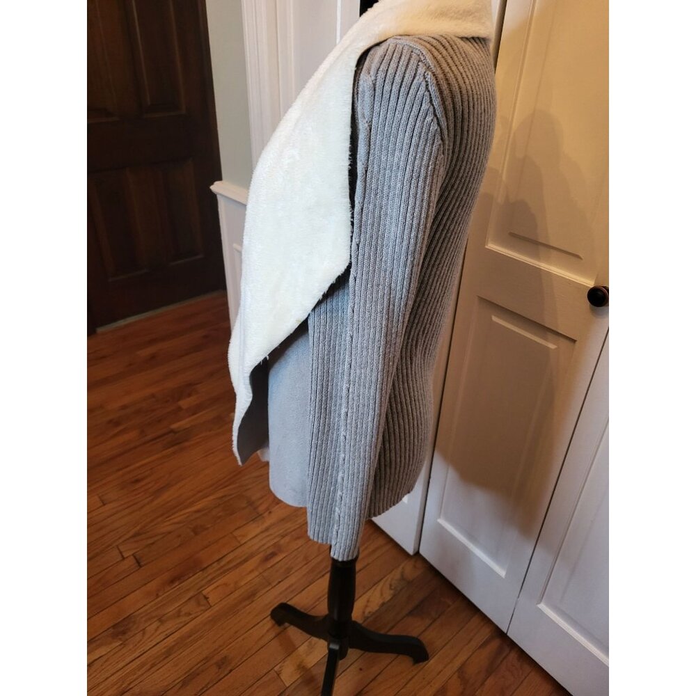 Gray Faux Suede/Faux Fur Cable Knit Ribbed Open Cardigan 16P Winter Ski Lodge - Picture 8 of 9